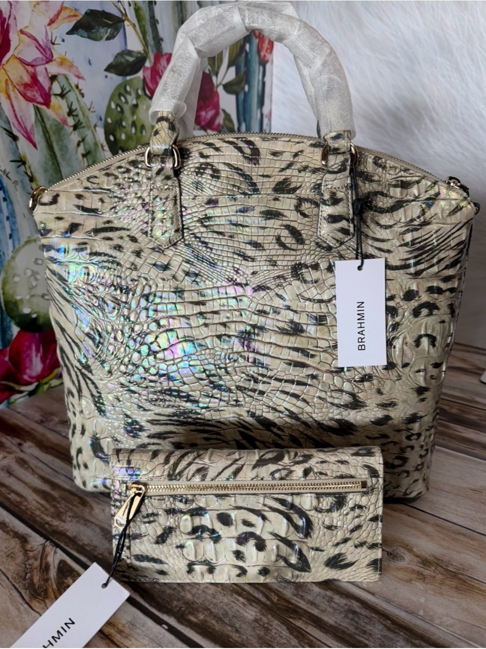 Last 1 NWT BRAHMIN LARGE DUXBURY OBSESSION Animal Print & Wallet Leopard Cheetah - Picture 14 of 16